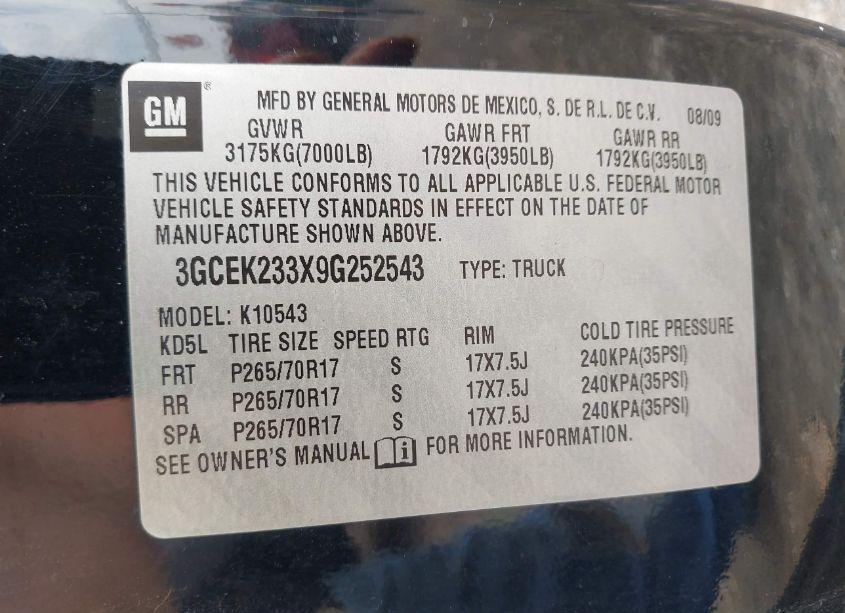 Photo 9 of 2009 Chevrolet Silverado 1500 LT (VIN 3GCEK233X9G252543)