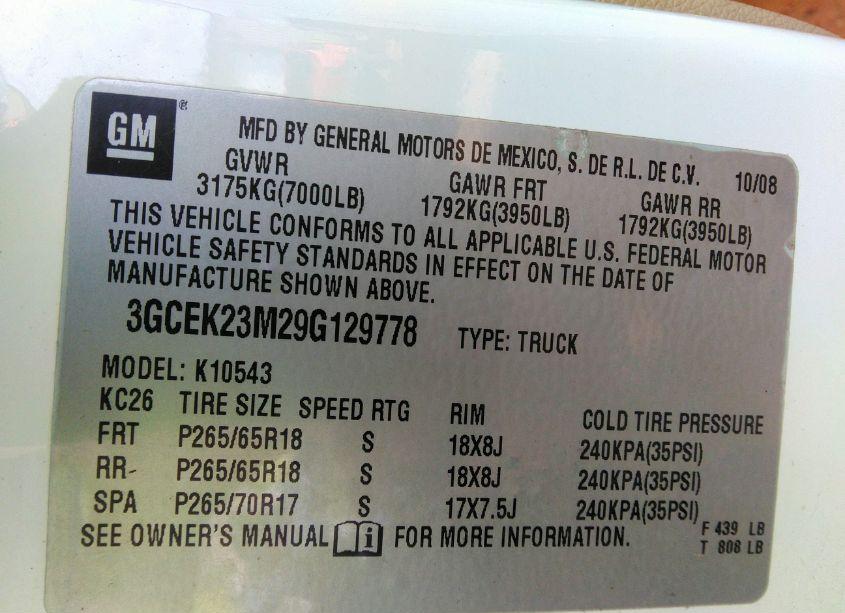 Photo 9 of 2009 Chevrolet Silverado 1500 LT (VIN 3GCEK23M29G129778)