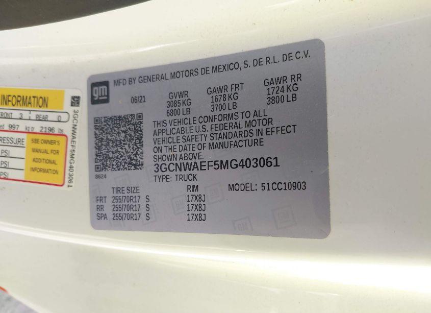 Photo 9 of 2021 Chevrolet Silverado 1500 2WD LONG BED WT (VIN 3GCNWAEF5MG403061)