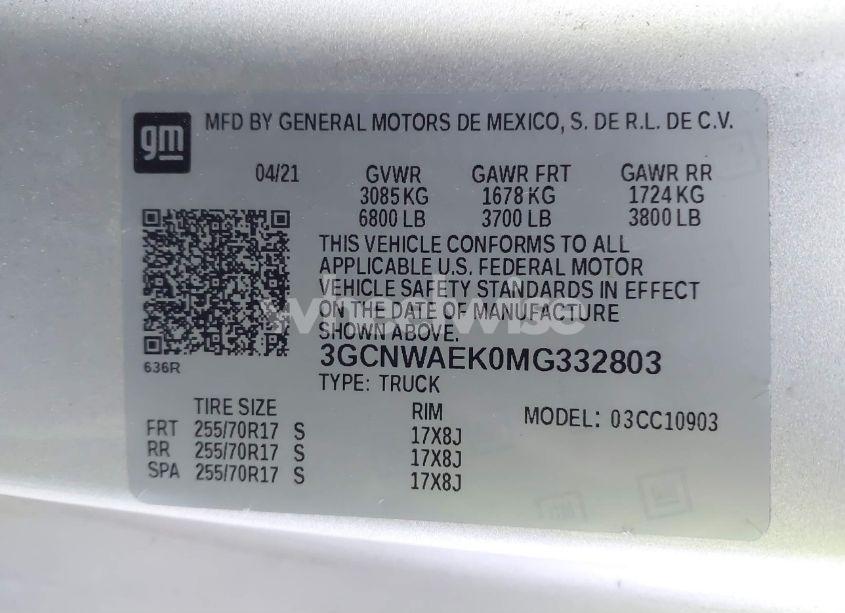 Photo 9 of 2021 Chevrolet Silverado 1500 2WD LONG BED WT (VIN 3GCNWAEK0MG332803)