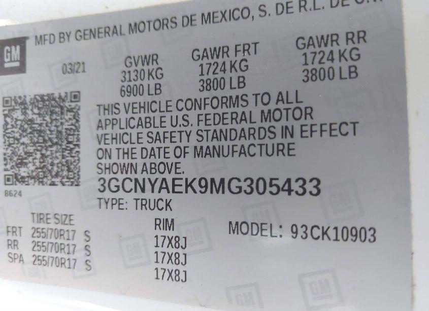 Photo 9 of 2021 Chevrolet Silverado 1500 4WD REGULAR CAB LONG BED WT (VIN 3GCNYAEK9MG305433)