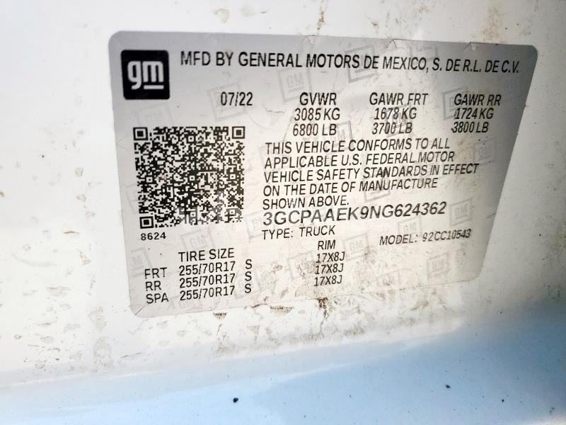 2022 CHEVROLET SILVERADO C1500 (VIN 3GCPAAEK9NG624362) main photo