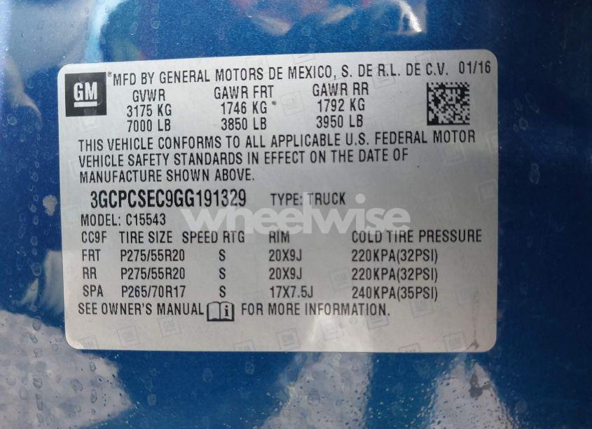 Photo 9 of 2016 Chevrolet Silverado 1500 1LZ (VIN 3GCPCSEC9GG191329)