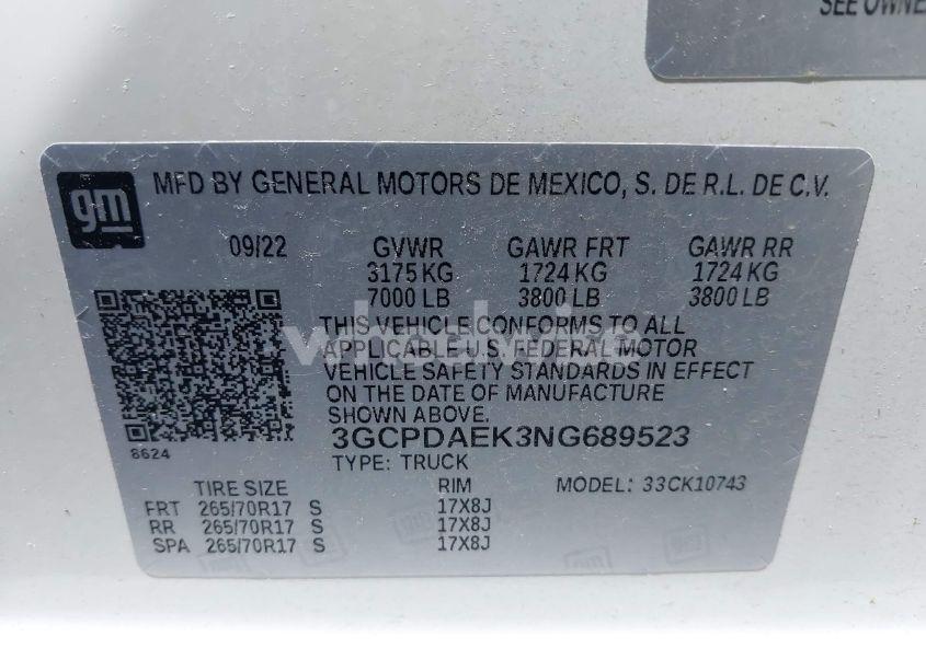 Photo 9 of 2022 Chevrolet Silverado 1500 4WD STANDARD BED WT (VIN 3GCPDAEK3NG689523)