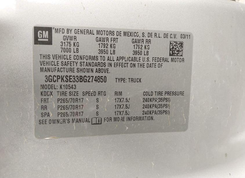 Photo 9 of 2011 Chevrolet Silverado 1500 LT (VIN 3GCPKSE33BG274850)