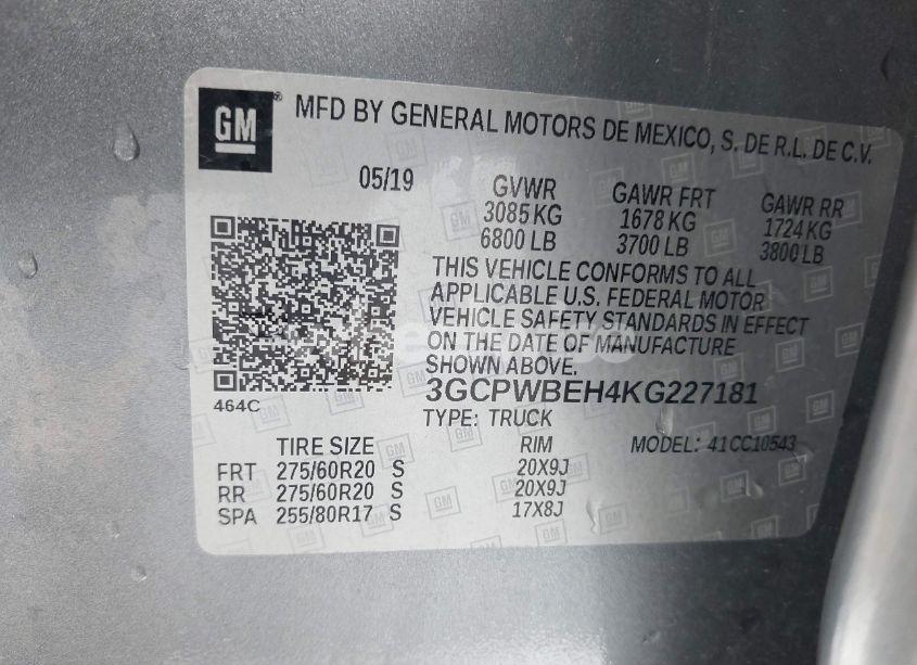 Photo 9 of 2019 Chevrolet Silverado 1500 CUSTOM (VIN 3GCPWBEH4KG227181)