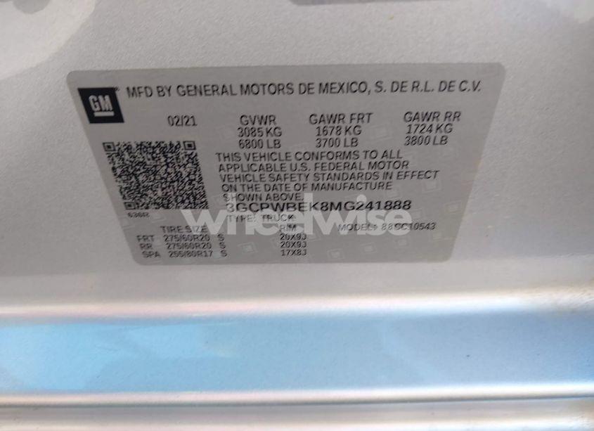 Photo 9 of 2021 Chevrolet Silverado 1500 2WD SHORT BED CUSTOM (VIN 3GCPWBEK8MG241888)