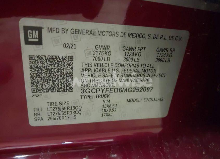 Photo 9 of 2021 Chevrolet Silverado 1500 4WD STANDARD BED LT TRAIL BOSS (VIN 3GCPYFED6MG252097)