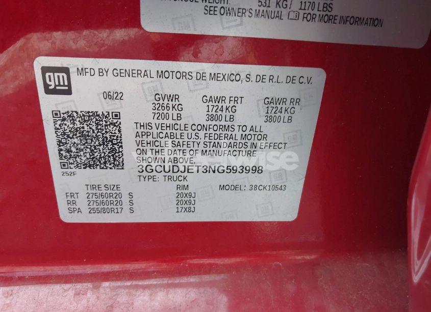 Photo 9 of 2022 Chevrolet Silverado 1500 4WD SHORT BED HIGH COUNTRY (VIN 3GCUDJET3NG593998)