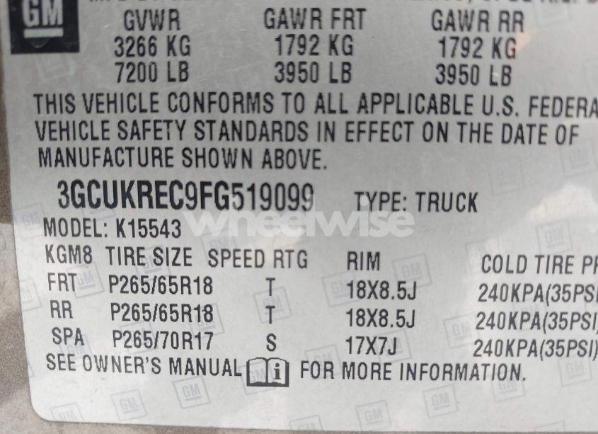 Photo 9 of 2015 Chevrolet Silverado 1500 1LT (VIN 3GCUKREC9FG519099)