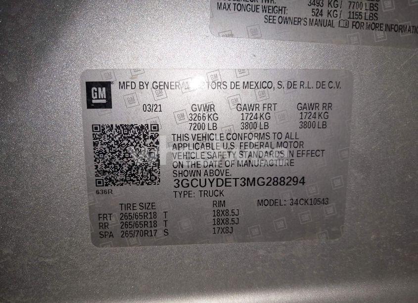 Photo 9 of 2021 Chevrolet Silverado 1500 4WD SHORT BED LT (VIN 3GCUYDET3MG288294)