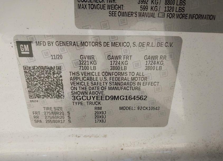 Photo 9 of 2021 Chevrolet Silverado 1500 4WD SHORT BED RST (VIN 3GCUYEED9MG164562)