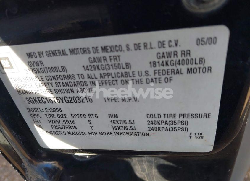 Photo 9 of 2000 Gmc Yukon XL 1500 SLT (VIN 3GKEC16T6YG203216)
