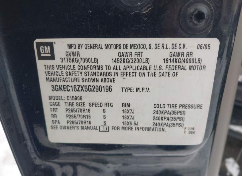Photo 9 of 2005 Gmc Yukon XL 1500 SLT (VIN 3GKEC16ZX5G290196)
