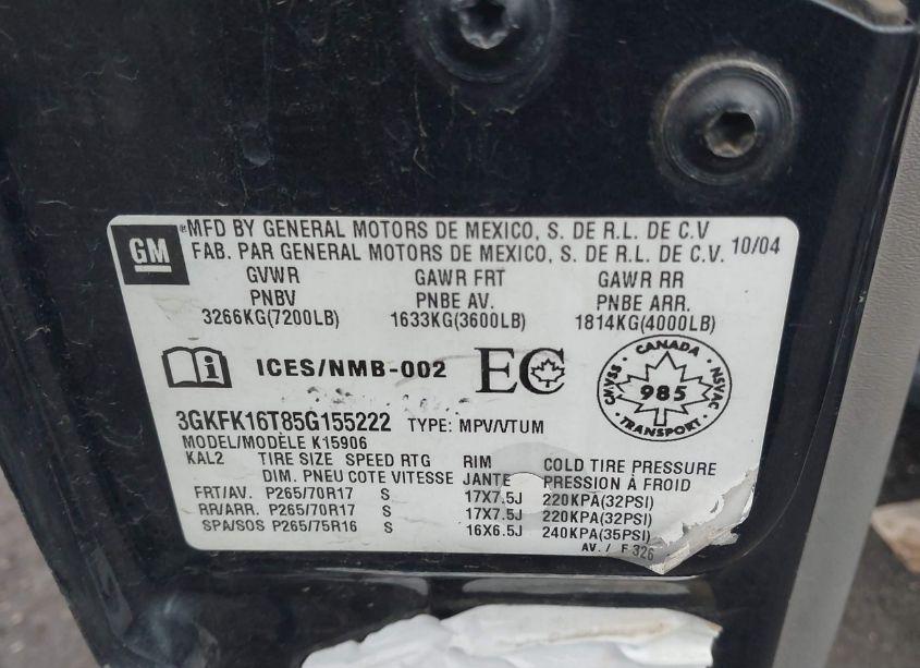 Photo 9 of 2005 Gmc Yukon XL 1500 SLE (VIN 3GKFK16T85G155222)