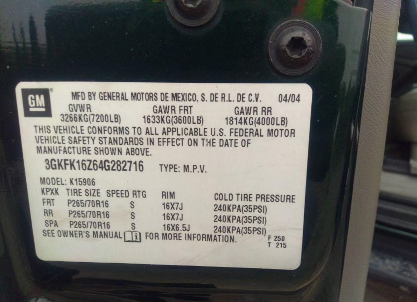 Photo 9 of 2004 Gmc Yukon XL 1500 SLE (VIN 3GKFK16Z64G282716)