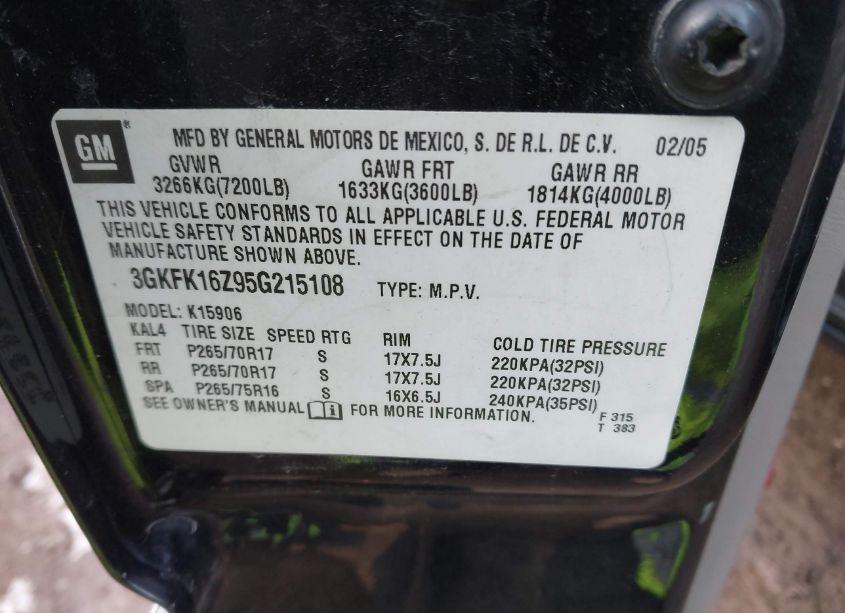 Photo 9 of 2005 Gmc Yukon XL 1500 SLT (VIN 3GKFK16Z95G215108)