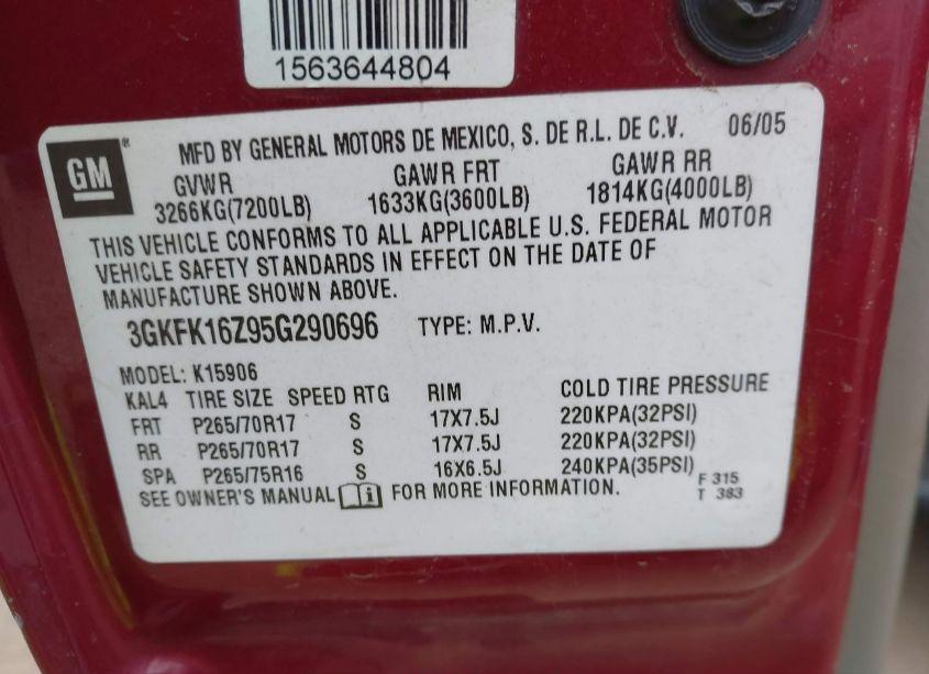 Photo 9 of 2005 Gmc Yukon XL 1500 SLT (VIN 3GKFK16Z95G290696)