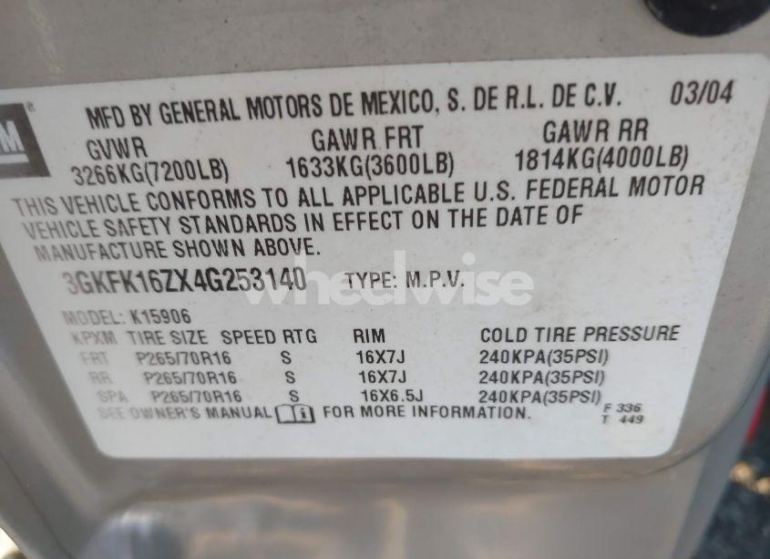 Photo 9 of 2004 Gmc Yukon XL 1500 SLT (VIN 3GKFK16ZX4G253140)