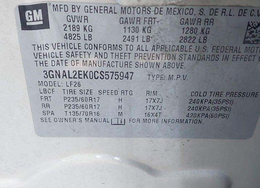 Photo 9 of 2012 Chevrolet Captiva SPORT 2LS (VIN 3GNAL2EK0CS575947)