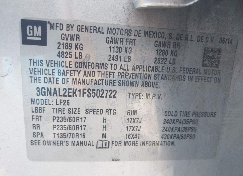 Photo 9 of 2015 Chevrolet Captiva SPORT 2LS (VIN 3GNAL2EK1FS502722)