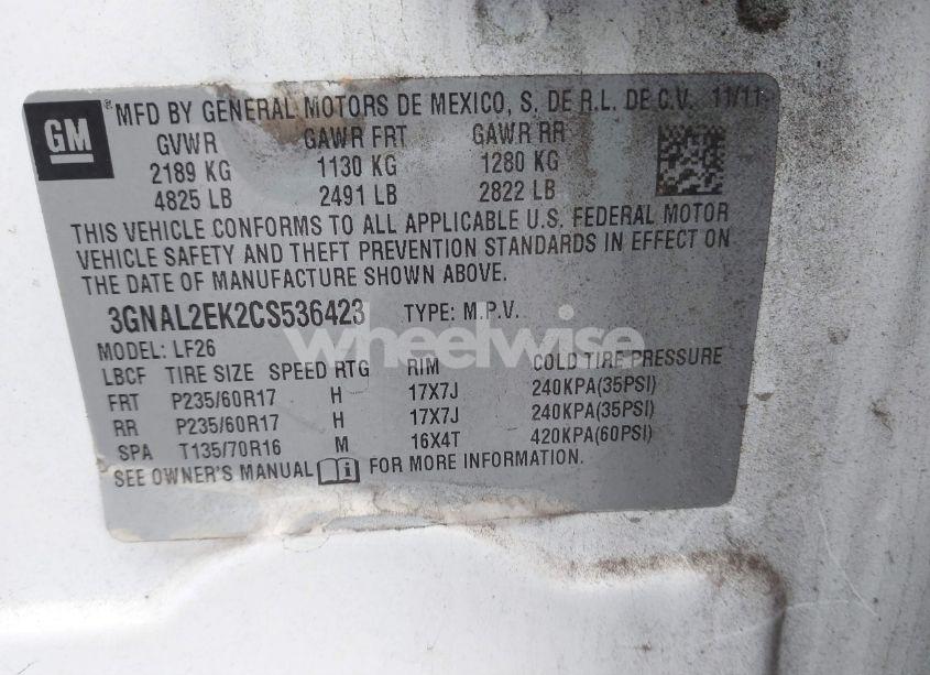 Photo 9 of 2012 Chevrolet Captiva SPORT 2LS (VIN 3GNAL2EK2CS536423)