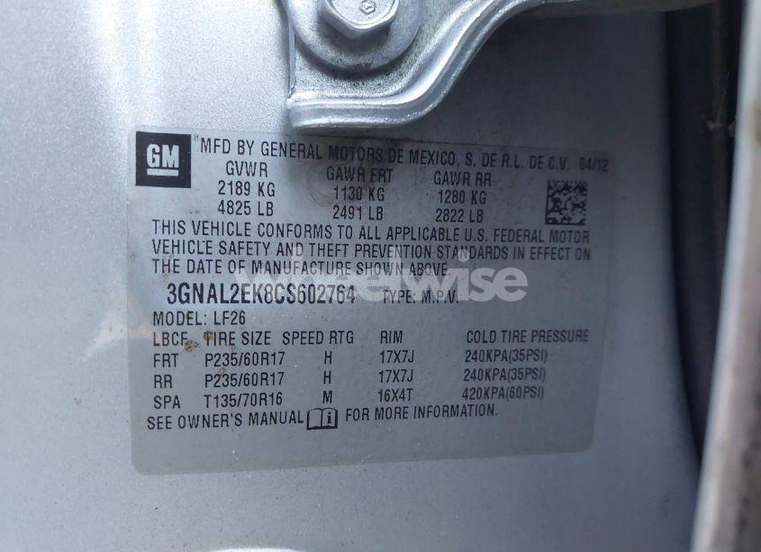 Photo 9 of 2012 Chevrolet Captiva SPORT 2LS (VIN 3GNAL2EK8CS602764)