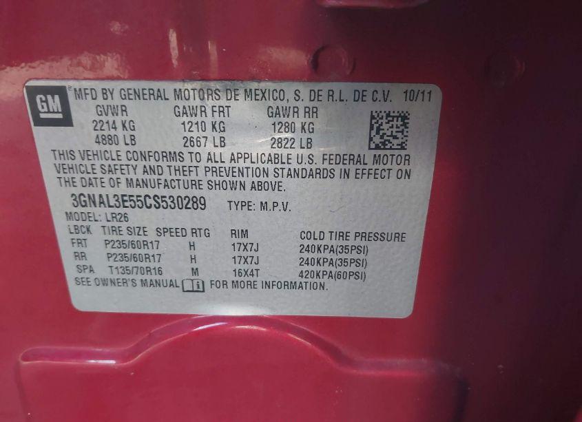 Photo 9 of 2012 Chevrolet Captiva SPORT LT (VIN 3GNAL3E55CS530289)