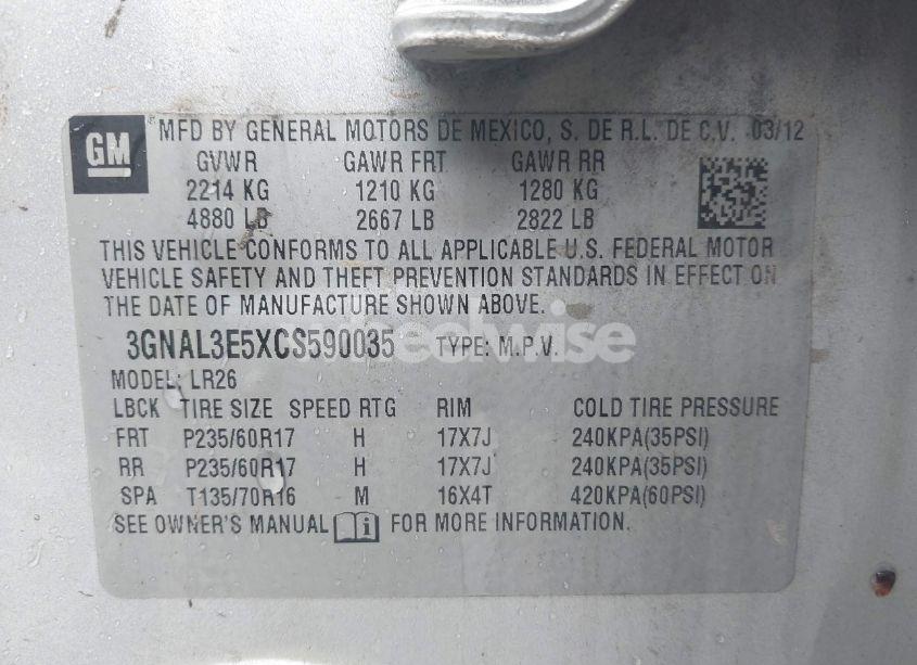 Photo 9 of 2012 Chevrolet Captiva SPORT LT (VIN 3GNAL3E5XCS590035)
