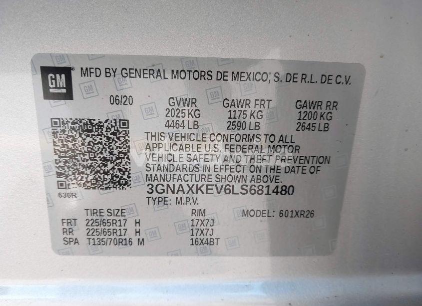 Photo 9 of 2020 Chevrolet Equinox FWD LT 1.5L TURBO (VIN 3GNAXKEV6LS681480)