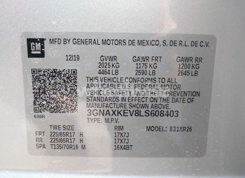 Photo 9 of 2020 Chevrolet Equinox FWD LT 1.5L TURBO (VIN 3GNAXKEV8LS608403)