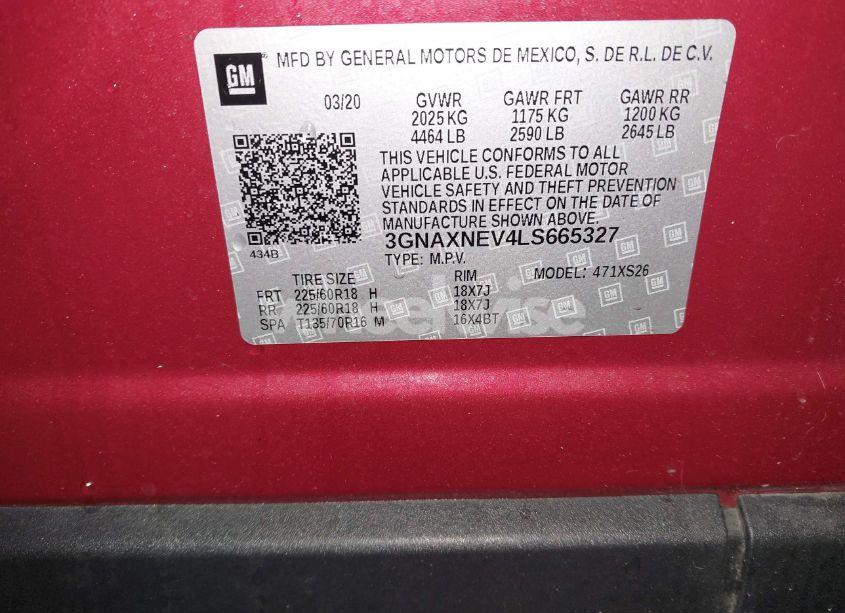 Photo 9 of 2020 Chevrolet Equinox FWD PREMIER 1.5L TURBO (VIN 3GNAXNEV4LS665327)