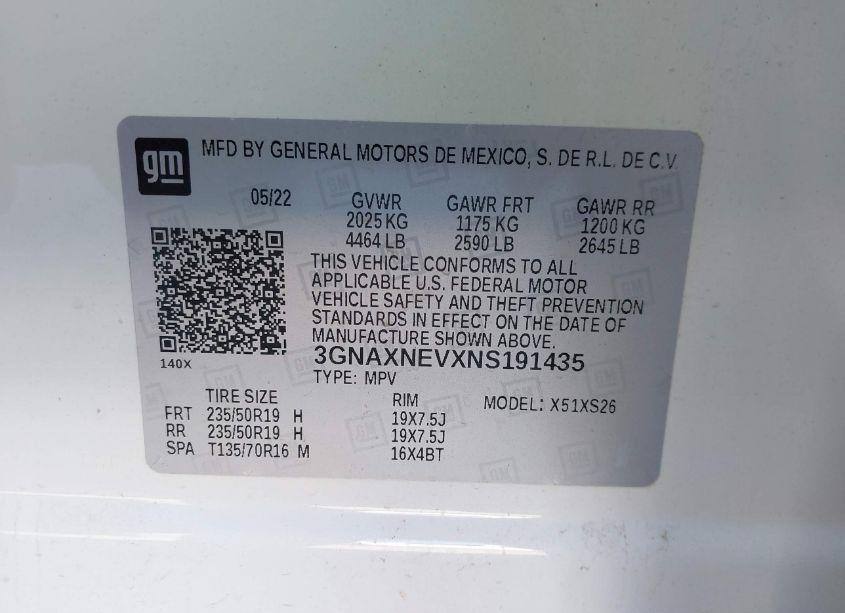Photo 9 of 2022 Chevrolet Equinox FWD PREMIER (VIN 3GNAXNEVXNS191435)