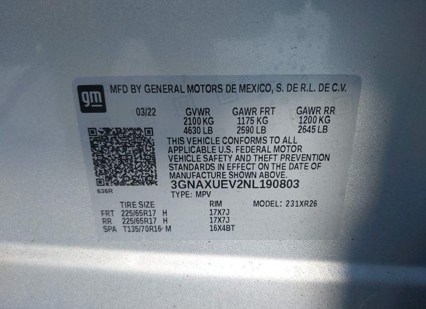 Photo 9 of 2022 Chevrolet Equinox AWD LT (VIN 3GNAXUEV2NL190803)
