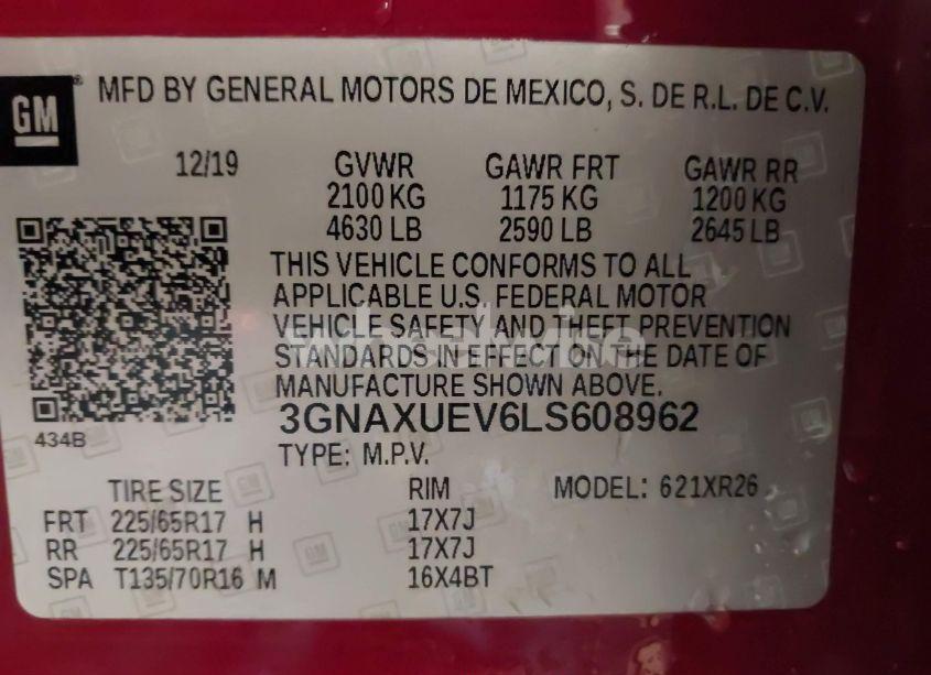 Photo 9 of 2020 Chevrolet Equinox AWD LT 1.5L TURBO (VIN 3GNAXUEV6LS608962)