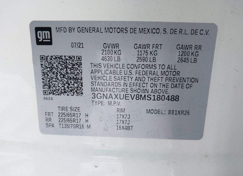 Photo 9 of 2021 Chevrolet Equinox AWD LT (VIN 3GNAXUEV8MS180488)