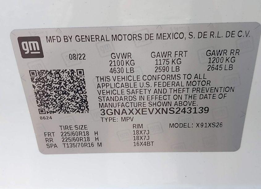 Photo 9 of 2022 Chevrolet Equinox AWD PREMIER (VIN 3GNAXXEVXNS243139)