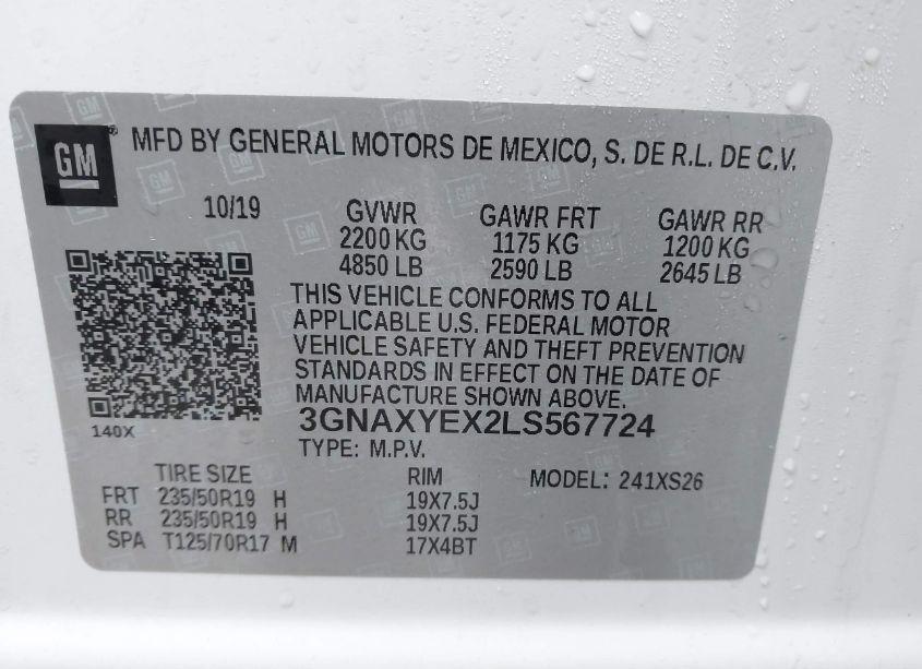 Photo 9 of 2020 Chevrolet Equinox AWD PREMIER 2.0L TURBO (VIN 3GNAXYEX2LS567724)