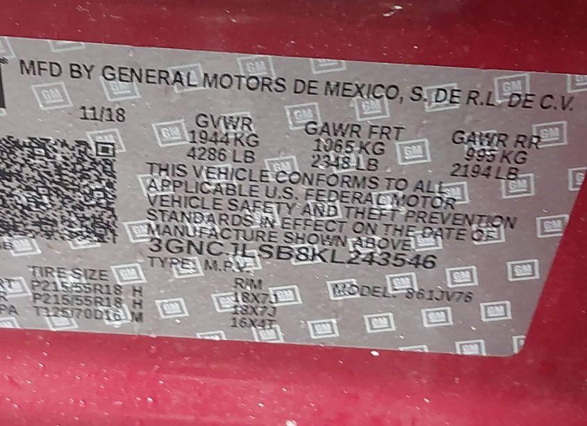 Photo 9 of 2019 Chevrolet Trax LT (VIN 3GNCJLSB8KL243546)