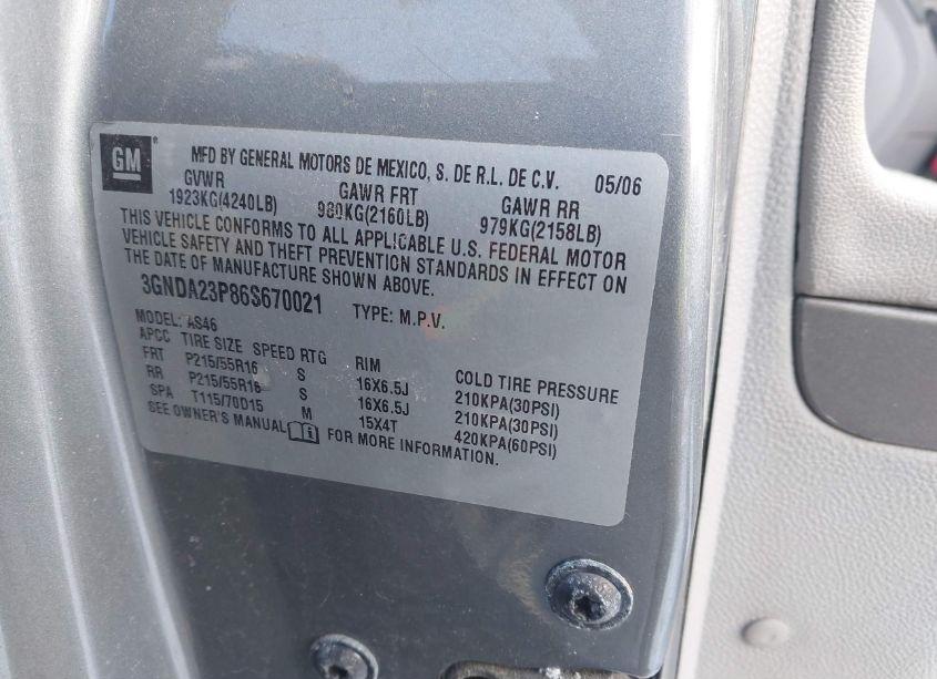 Photo 9 of 2006 Chevrolet Hhr LT (VIN 3GNDA23P86S670021)