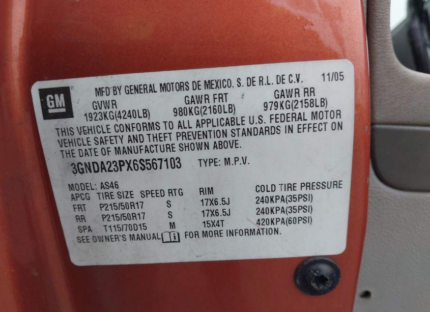 Photo 9 of 2006 Chevrolet Hhr LT (VIN 3GNDA23PX6S567103)