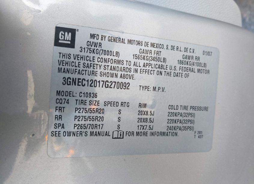 Photo 9 of 2007 Chevrolet Avalanche 1500 LT (VIN 3GNEC12017G270092)