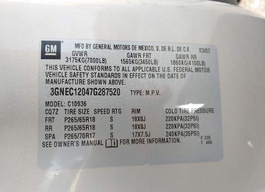 Photo 9 of 2007 Chevrolet Avalanche 1500 LT (VIN 3GNEC12047G287520)