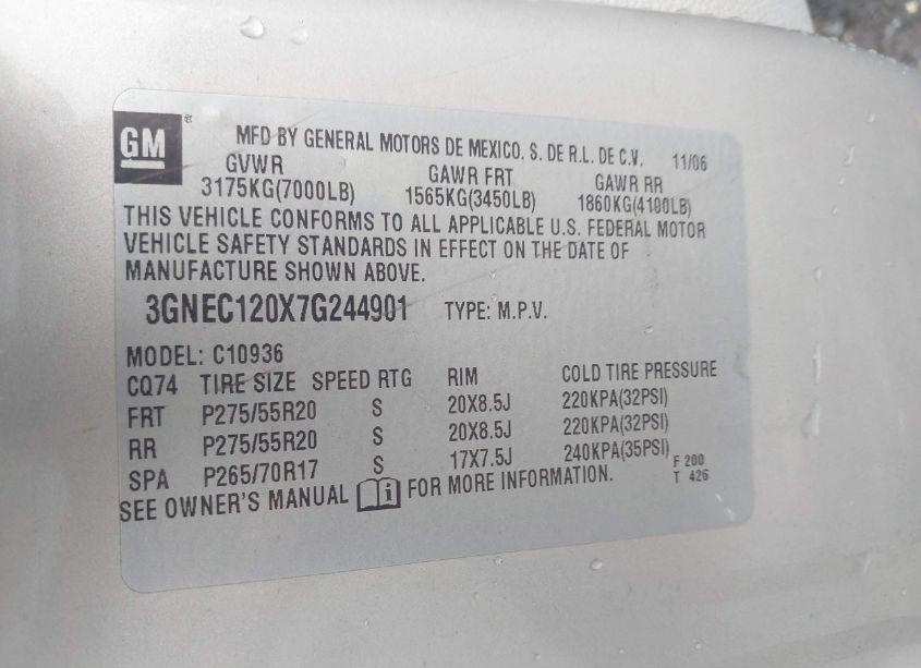 Photo 9 of 2007 Chevrolet Avalanche 1500 LT (VIN 3GNEC120X7G244901)