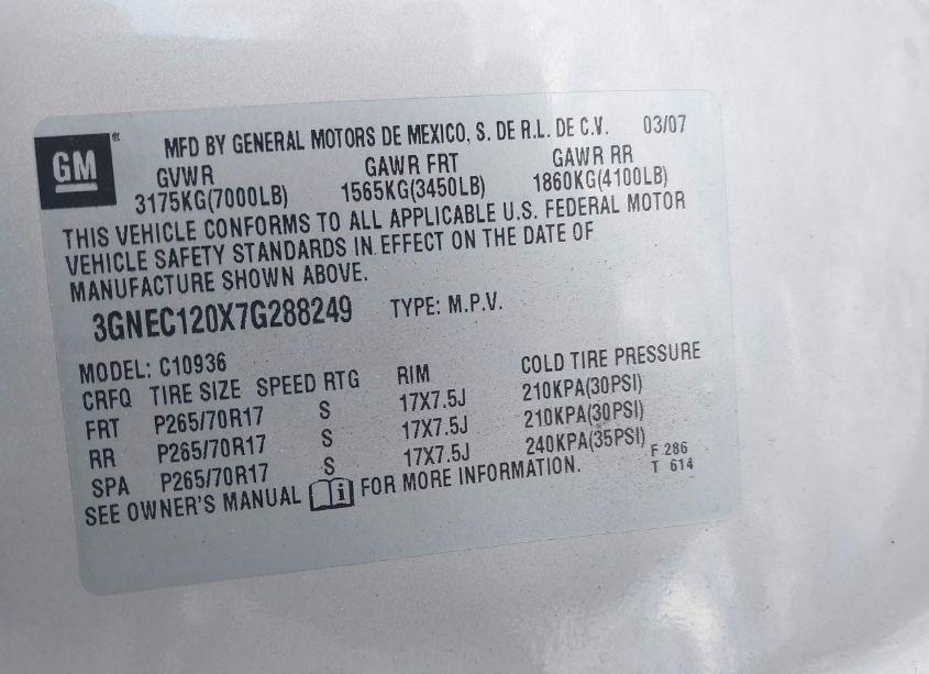 Photo 9 of 2007 Chevrolet Avalanche 1500 LT (VIN 3GNEC120X7G288249)