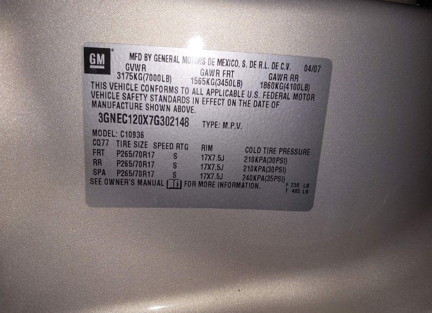 Photo 9 of 2007 Chevrolet Avalanche 1500 LT (VIN 3GNEC120X7G302148)