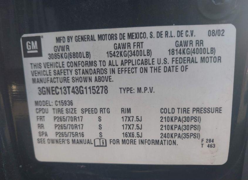 Photo 9 of 2003 Chevrolet Avalanche 1500 (VIN 3GNEC13T43G115278)