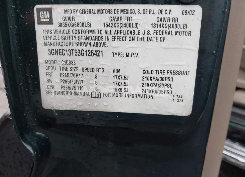 Photo 9 of 2003 Chevrolet Avalanche 1500 (VIN 3GNEC13T53G126421)