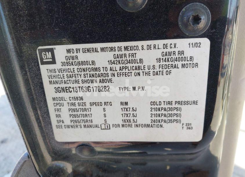 Photo 9 of 2003 Chevrolet Avalanche 1500 (VIN 3GNEC13T63G170282)