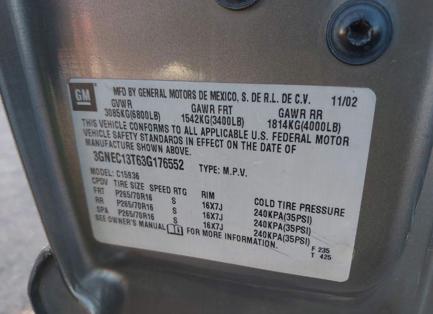 Photo 9 of 2003 Chevrolet Avalanche 1500 (VIN 3GNEC13T63G176552)